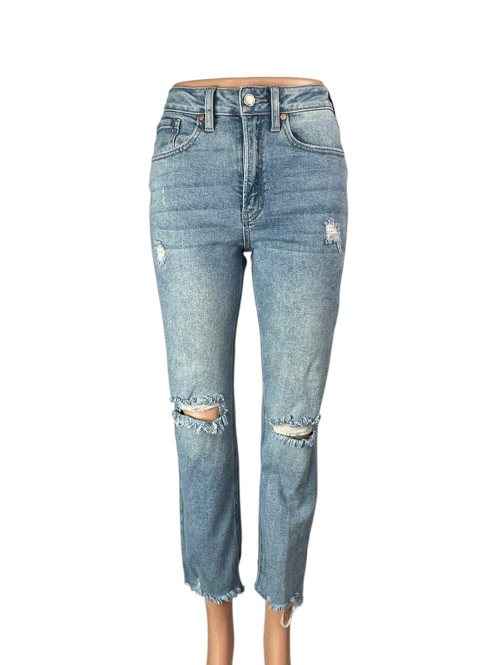Just Black Denim Distressed Ripped Frayed Hem Straight Mom Denim Jeans Pants 24